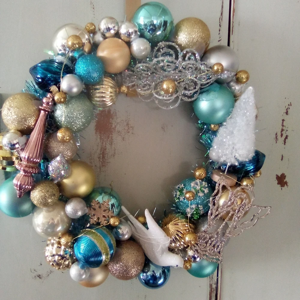 Shabby Blue Silver Gold Vintage Ornaments Holiday Wreath Handmade